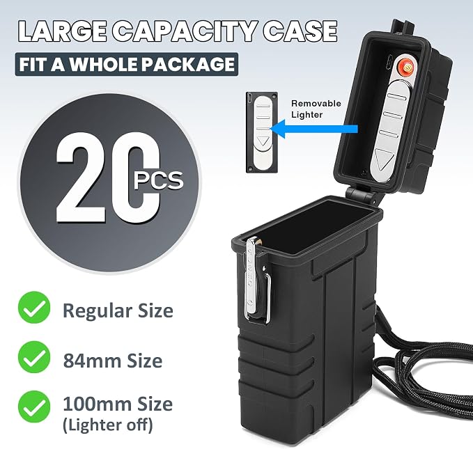Waterproof Case with USB Rechargeable Electric Lighter, Airtight Holder Case for Whole Package 20pcs 84mm Size, Match Seal Storage Dry Box, EDC Survival Container for Fishing Kit, Camping