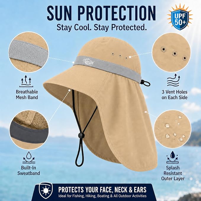 Palmyth Fishing Hat UPF 50+ Sun Hat Wide Brim Neck Flap Breathable Mesh Safari Hat UV Protection for Men Women