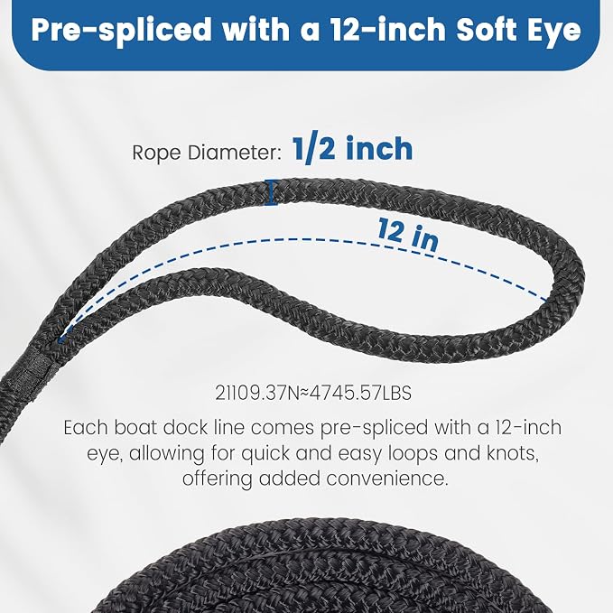 Premium Marine-Grade Dock Lines - 2 Pack 1/2" x 15' Strength-Tested Double Braided Nylon Boat Ropes with 12" Security Loops | Heavy-Duty Docking & Mooring Rope