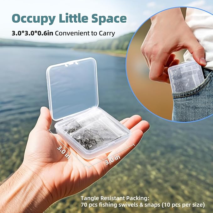 70 Pcs Corrosion Resistance Fishing Swivels & Snaps, 7 Sizes Detachable Snap Swivels, Convenience Pack Swivels Fishing Tackle for Recreational Fishing