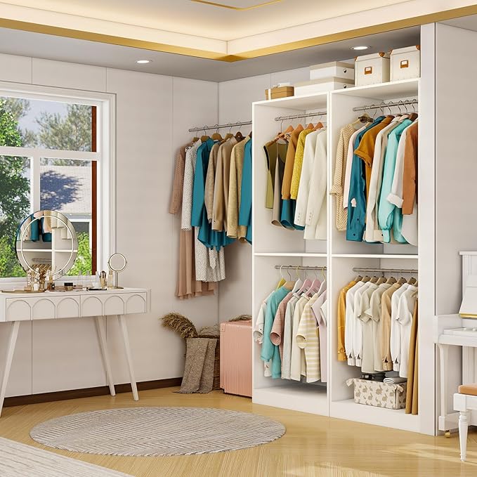 Closet System with 12 Hanging Rods& Shelf , 8FT Small Closet Organizer System Wood with Extra Side Hanging Rod for Walk in Closet Storage, Modular Closet Systems, White(8FT)
