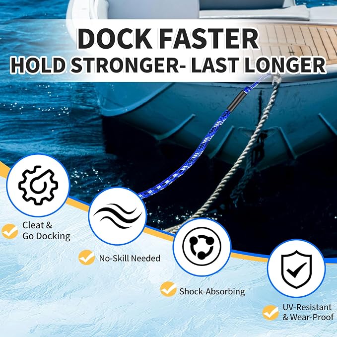 Bungee Dock Lines for Boats with Loops, Boat Tie Downs for Docking, Adjustable Boat Mooring Rope for Pontoon, Jon Boat & PWC (4-Pack, Blue, Black & White, 4 FT)