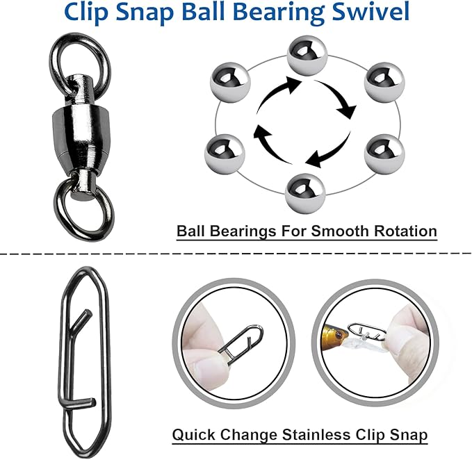 AMYSPORTS High Strength Snap Swivels Stainless Bearing Rolling Fishing Swivel Freshwater Snap Swivels Fishing Clip Steel Black Nickel