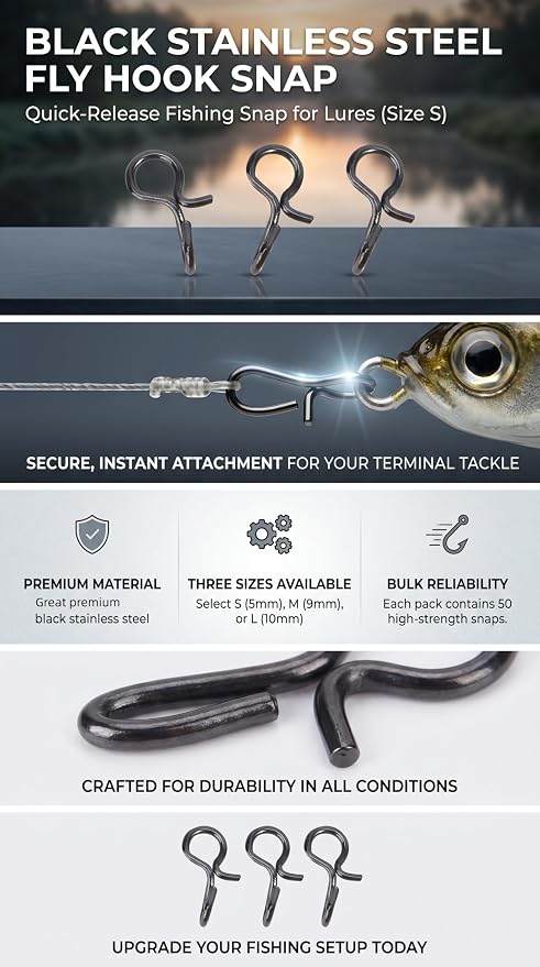 50pcs Fishing Clips, Black Stainless Steel Quick Release Small Fly Hook Lure Fishing Snaps for Lures Hooks and Terminal Tools (S)