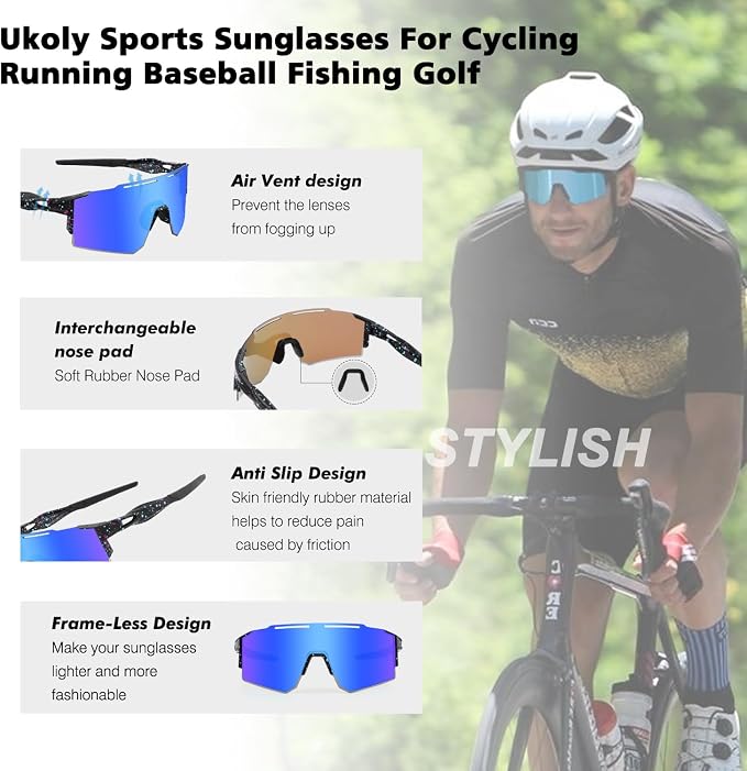 Ukoly Cycling Sunglasses for Men Women with 3 Interchangeable Lenses, Polarized Sports Sunglasses, Baseball Sunglasses