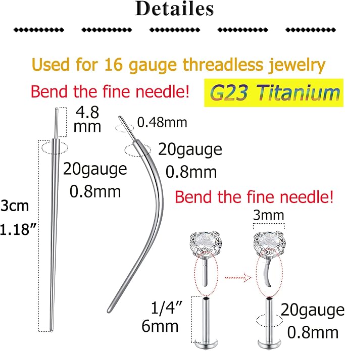QWALIT Piercing Taper Threadless Insertion Tool - Titanium Labret Pin 16g, 18g, 20g