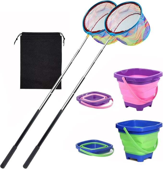 2PCS Fishing Net with Bucket, Telescopic Fishing Landing Net, Collapsible Youth Sand Bucket, Youth Fish Butterfly Catching for Freshwater Saltwater Outdoor Activities