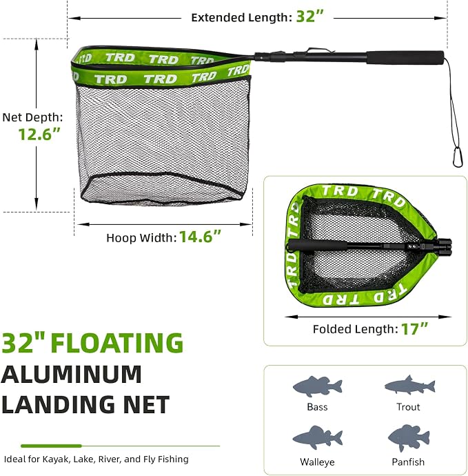 AluFloat X1 Fishing Net with Handle (Fish Net) - Floating Foldable Rubber-Coated Deep Mesh Landing Net for Bass & Fly Fishing - Fishing Gear, Kayak Accessories, Fishing Accessories
