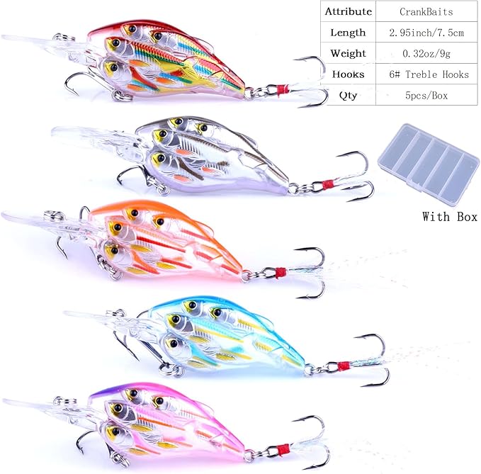 CrankBaits Fishing Lures CrankBait of Bass,Topwater Lures for Freshwater and Saltwater Shallow Water Deep Diving Swimbait,Topwater Bait for Trout Bass Fishing Lure,5pcs/Box