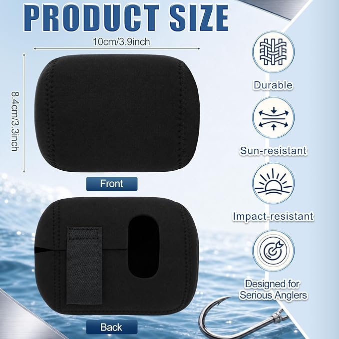 2 Pcs Black Round Baitcasting Reel Cover, 4mm Thick Neoprene Fishing Pouch for Conventional Gear, Shockproof Protective Case, Left Right Handed Storage Bag Size L 3.9"x3.3"