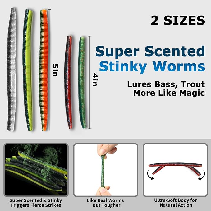 Wacky Rig Kit for Bass Fishing 143/171PCS Soft Plastic Wacky Worms (4in & 5in) Weedless Wacky Rig Hooks & Tool O-Rings, Bass Trout