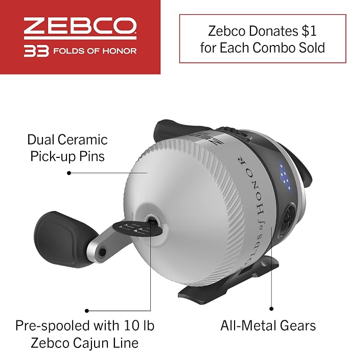 Zebco 33 Folds of Honor Spincast Reel and 2-Piece Fishing Rod Combo, 6-Foot Fiberglass Rod, Quickset Anti-Reverse Fishing Reel with Bite Alert, 1 Dollar Donated to Folds of Honor Foundation,Grey/Black