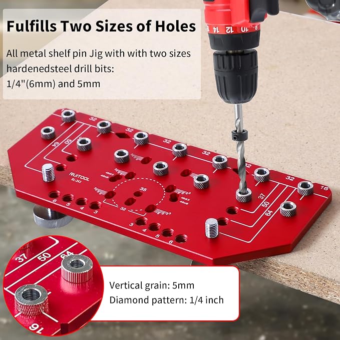 RUITOOL Shelf Pin Jig and Hinge Jig Two-in-One, Self-contained Clamping Function All Metal Shelf Pin Drilling Jig with 1/4" and 5mm Drill Bits, Shelf Jig and Cabinet Hardware Jig Tool Drill Guide