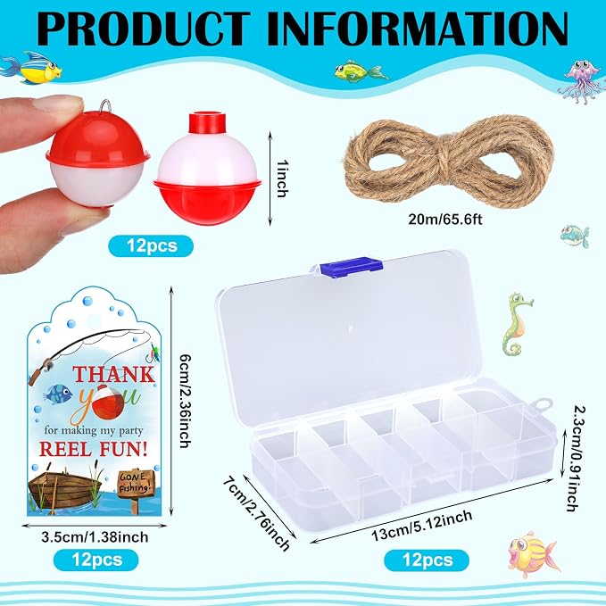 Wonderjune 12 Sets Fishing Party Favors Candy Little Tackle Boxes with Red White Floater Thank You Cards for Making My Reel Fishing Theme Party Decorations