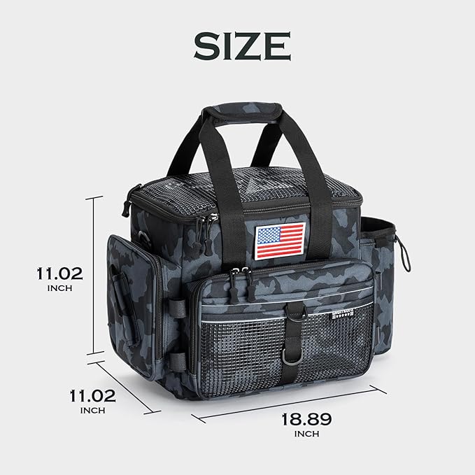 Ghosthorn Fishing Tackle Bag with Rod Holder Saltwater & Freshwater Resistant Tackle Box Bag - Adjustable Padded Shoulder Strap (Black Camouflage)