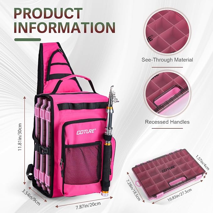 Goture OpenSide Tactical Sling Tackle Bag with 3 Tackle Trays,Lures & Fishing Tools, Lightweight Fishing Backpack Storage for Fishing Gear-Pink Bag, Gift for Women