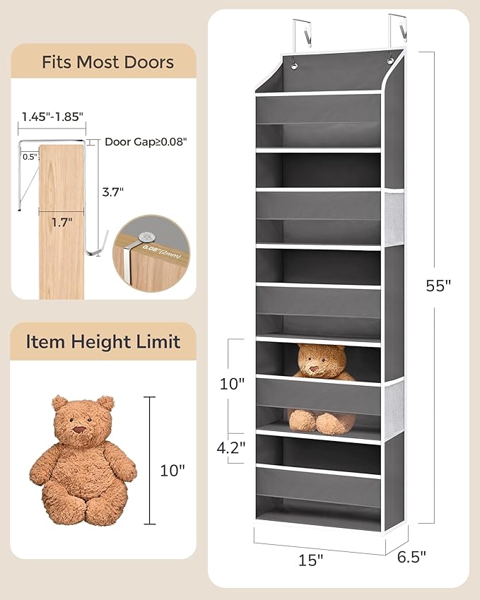 ULG Over-The-Door Organizer 5 Tiers, Large Pocket Hanging Rack with 4 Mesh Side Pockets, Space Saving Closet Door Organizer for Clothes, Shoes, Toys, Accessories, Support 44 LBS Max, Grey, 2-Pack