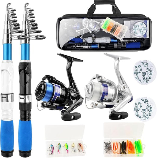 Collapsible Fishing Rod Set, 2.1m/6.89ft w/ 2 Spinning Reels, 2 Sets Lures, 100m Line, Carrier Bag - Fresh & Saltwater
