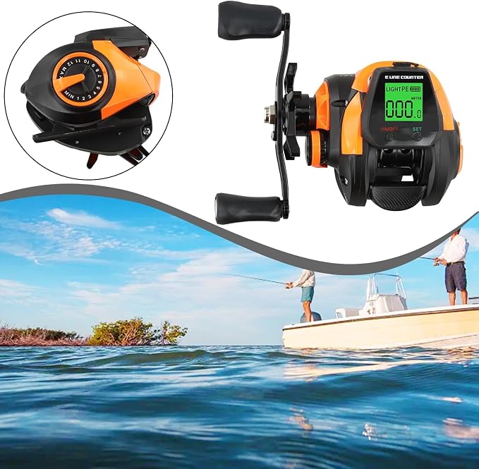 Digital Baitcasting Fishing Reel with Bite Alarm and Line Counter, 7.2:1 High Speed Gear Ratio, USB Rechargeable, 0-12 Adjustable Braking System