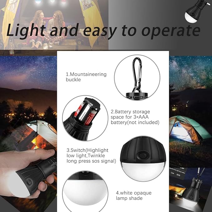 Camping Tent Lantern,LED Camping Lights,Portable Outdoor Waterproof Emergency Light Bulb,Camping Gear,Super Bright,Tent Lamp for Camping,Hiking,Party,Backpacking,Fishing,Power Failure,4 Packs(Black)