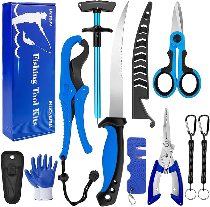 Fishing Gear, 9 PCS Fishing Tool Kit, Fishing Accessories with Fillet Knife, Fishing Pliers, Hook Remover, Scissors, Fish Lip Gripper, Retractor, Sharpener, Gloves, Fishing Gifts for Men