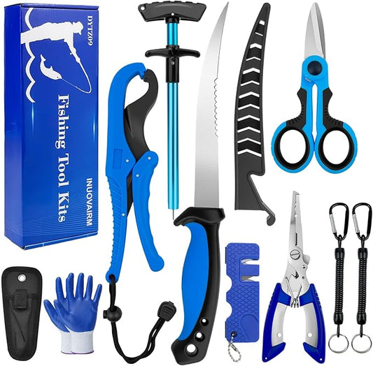 Fishing Gear, 9 PCS Fishing Tool Kit, Fishing Accessories with Fillet Knife, Fishing Pliers, Hook Remover, Scissors, Fish Lip Gripper, Retractor, Sharpener, Gloves, Fishing Gifts for Men