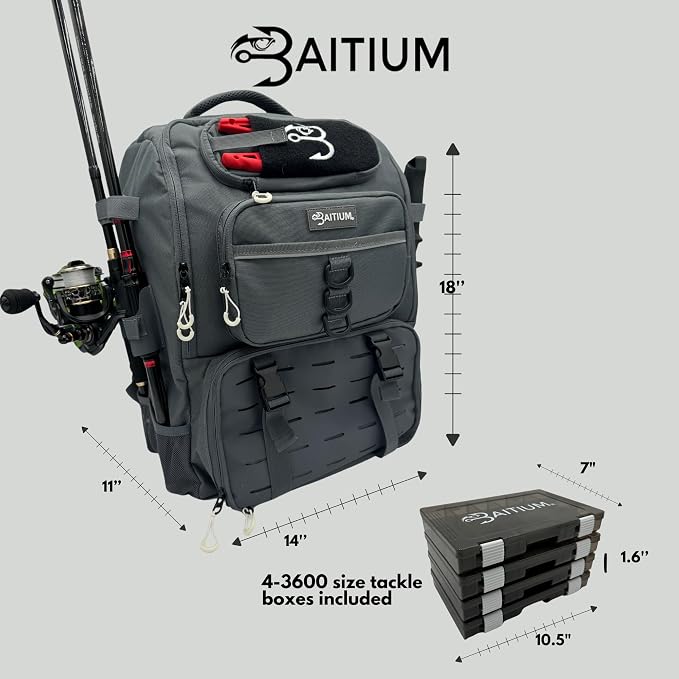 Baitium Fishing Backpack, Tackle Bag With Rod Holders, 40L Capacity With Cooler, Rain Cover, Insulated Pocket, 4 Tackle Trays Included - (Grey)