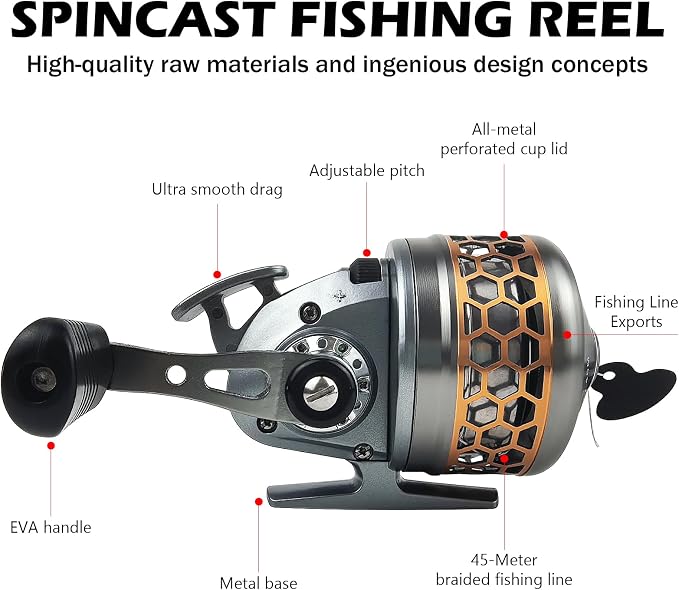 Spincast Fishing Reel, All-Metal Gears, Easy to Use Push Button Casting Design, Changeable Right/Left-Hand Retrieve