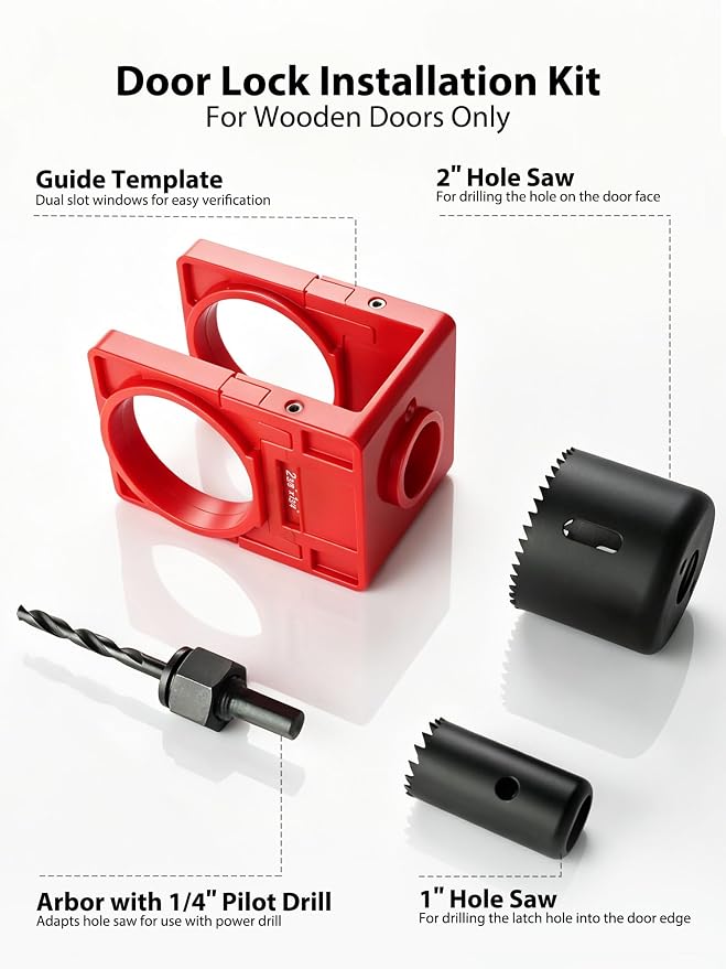 Door Hinge Jig & Lock Hole Drilling Kit – Adjustable Aluminum Router Template for Hinge Mortising (2.5"-5", 1/4"R, 5/8"R, Square Corner) – For 1-3/8" & 1-3/4" Thick Doors