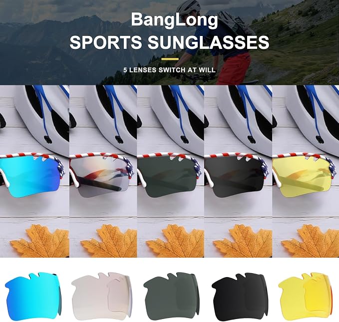 BangLong Polarized Cycling Sunglasses for Men Women, 26g Sports Sunglasses with 5 Lenses for Running Fishing Baseball Driving