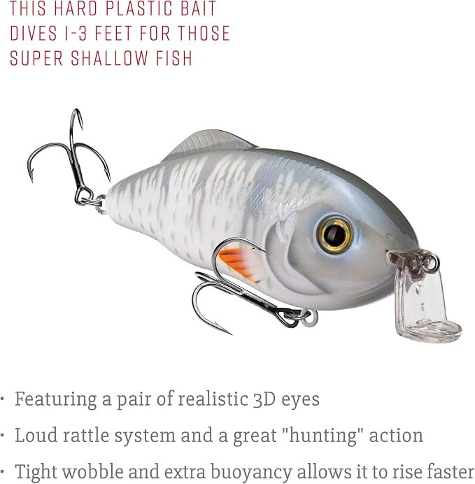 Strike King Hybrid Hunter Shallow Jr. Fishing Lure, Shallow Diving Crankbait, 90-Degree Bill, 3D Eyes, Loud Rattle, Dives 1 to 3-Feet,Size 4 & 6 Treble Hooks