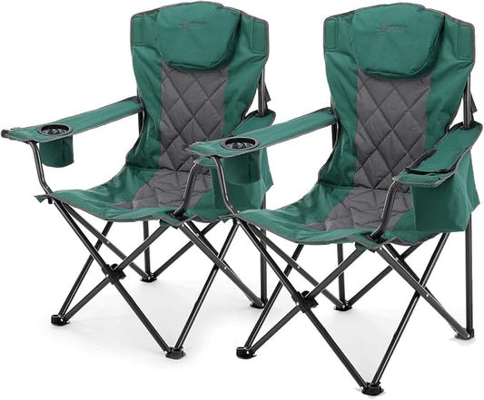 ARROWHEAD OUTDOOR 2-Pack Portable Deluxe Folding Camp Quad Chair w/Headrest, Glass & Cup Holders, Armest 6-can Cooler, Heavy Duty Carry Bag, 550 lbs Weight Capacity
