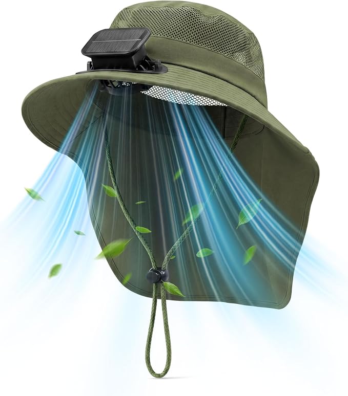 Short Brim Sun Hat with 1 Solar Fan & Neck Flap for Men Women UPF 50+ Outdoor for Garden Fishing Beach Essential