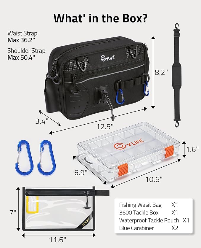 CVLIFE Fishing Tackle Bag Waist Pack with Rod Holder, Water Resistant Fanny Pack Includes 3600 Tackle Box, Waterproof Pouch & Carabiners, Convertible Sling Bag with Net Holster for Gear