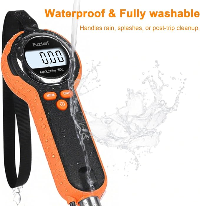 Fuzion Fish Scale, Professional Fishing Scale - 110lb Capacity, Waterproof, Night Light, Memory & Tape Measure | Portable Fish Weigh Kit w/Lip Gripper, Batteries & Pouch