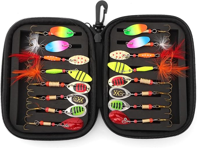 16pcs Fishing Lures Spinner Baits, Trout Bass Salmon Lures Kit, Metal Bass Trout Spinner Lure Baits with Portable Carry Bag for Freshwater Saltwater, Fishing Gifts for Men