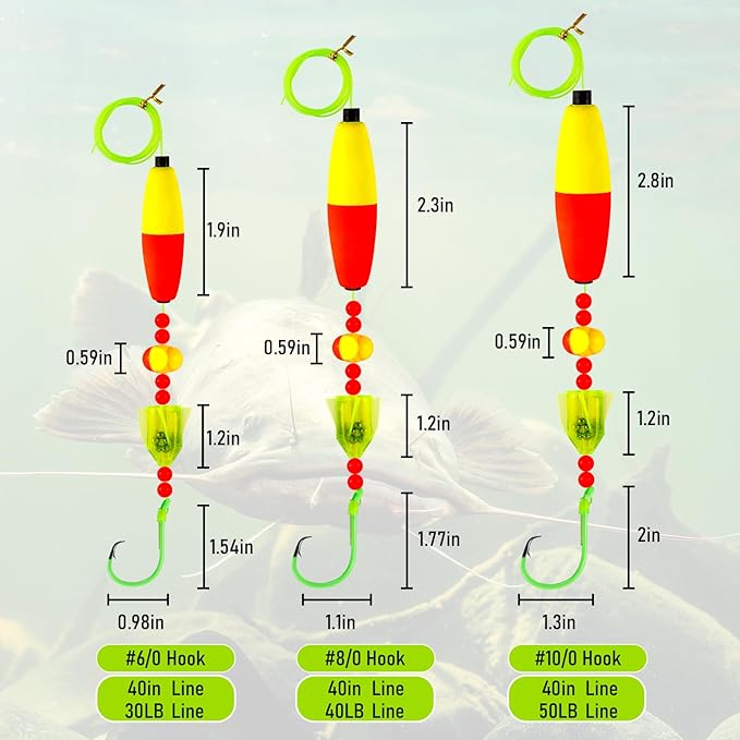 Alwonder 5-Pack Catfish Bait Float Rigs Kit, Ready Cat Fish Rig with Catfish Rattles Peg Floats Beads Circle Hooks 6/0 8/0 10/0, Catfishing Tackle Equipment Rattle Floater Bobbers Cat Fishing Gear
