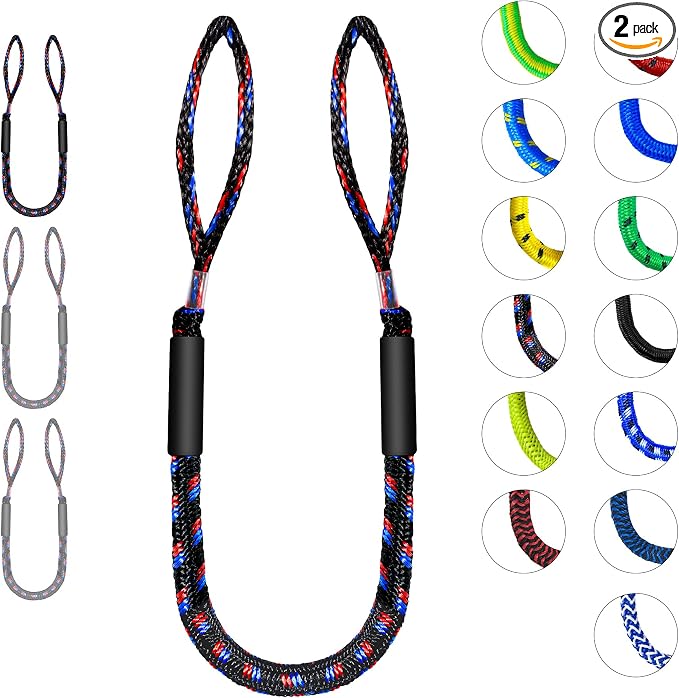 2-Pack Bungee Dock Lines for Boats with Loops, Boat Tie Downs for Docking, Adjustable Boat Mooring Rope for Pontoon, Jon Boat & PWC (Black, Blue & Red, 4 FT)