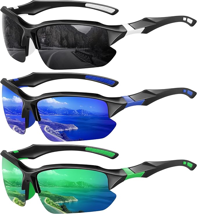 XVXV 3 Pack Polarized Sports Sunglasses for Men, UV Protection Half Frame Sunglasses Comfortable for Running Cycling Driving