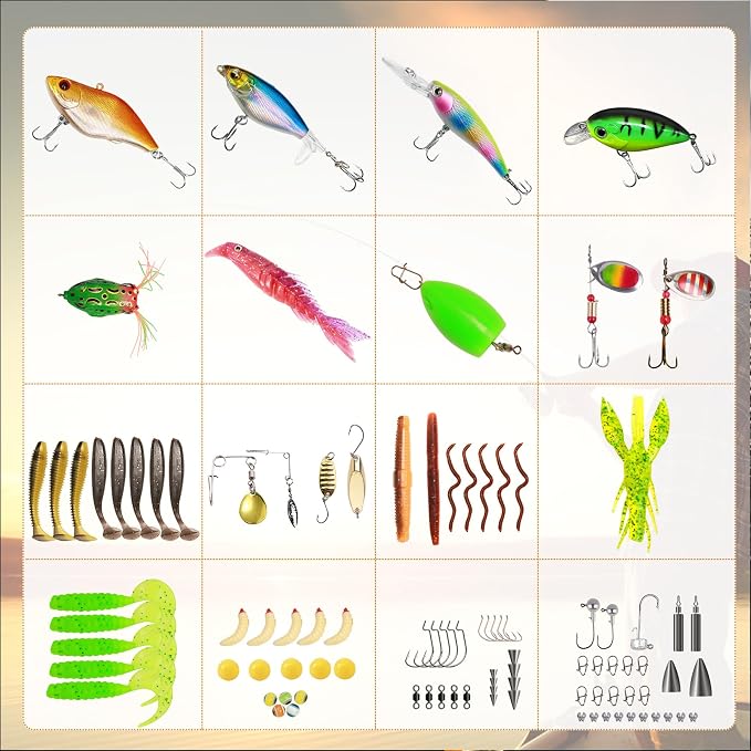 FONMANG 322-Piece Fishing Lures Kit - Buzz Bait/Spinner Baits/Jig/Frog, Fishing Tackle Box with Tackle Included, Soft Bait/Hooks/Weights, Fishing Gear Lure Kit Gift for Men Freshwater Bass Trout