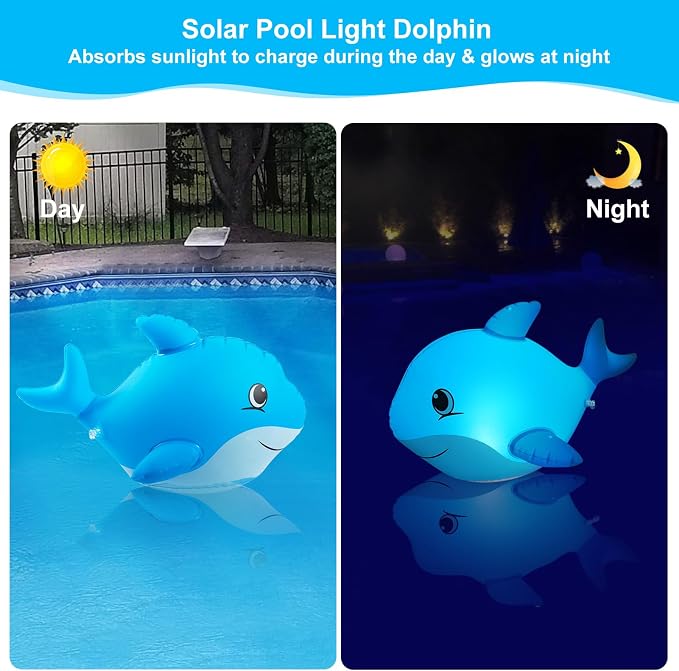 Goallim Solar Floating Pool Lights Dolphin, Glow in the Dark Solar Pool Lights that Float, IP68 Wateproof Inflatable Solar Floating Lights for Pool Pond Wedding Party Decorations - 2PC