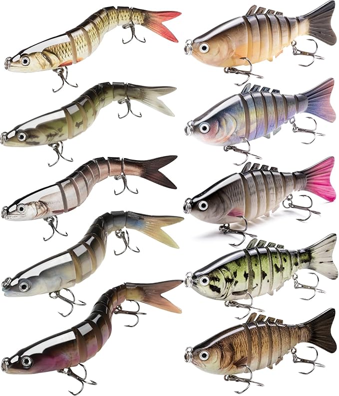 SANWEAL 6PCS Multi Jointed Fishing Lures Kit, 2 Size Slow Sinking Swimbait Hard Baits with 3D Eyes and Treble Hooks, Segmented Baitfish Artificial Fishing Bait for Bass Trout Freshwater Saltwater