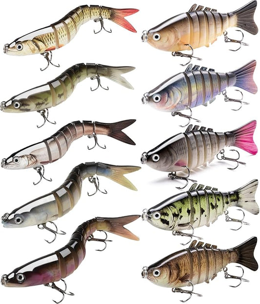 SANWEAL 6PCS Multi Jointed Fishing Lures Kit, 2 Size Slow Sinking Swimbait Hard Baits with 3D Eyes and Treble Hooks, Segmented Baitfish Artificial Fishing Bait for Bass Trout Freshwater Saltwater