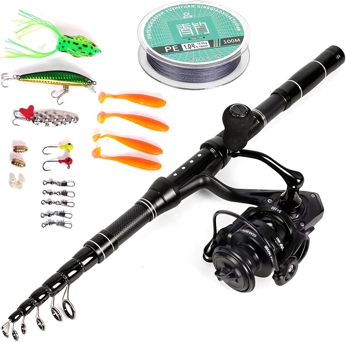 Telescopic Fishing Rod and Reel Combo, 5.9FT, 6.8FT, 7.5FT Carbon Fiber Travel Fishing Pole Full Kit with Carrier Bag & Lures, Solid Tip Portable Gear for Adults Beginners