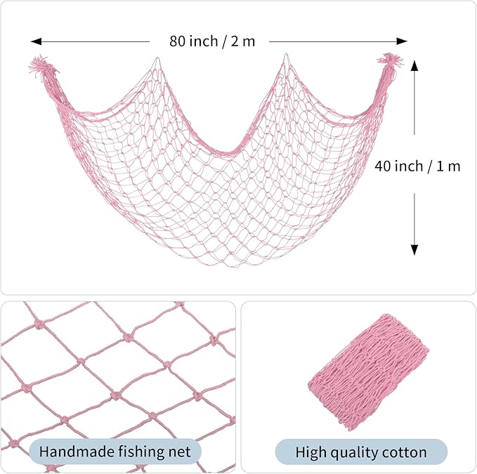2 Pack Decorative Fishing Net, 80x40 Inch Pink Cotton Fish Net for Hanging Stuffed Animals & Pictures Display, Nautical Mermaid Pirate Ocean Beach Hawaii Under the Sea Themed Party Decorations
