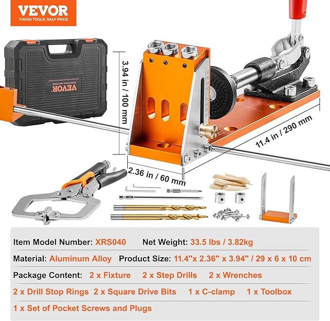 VEVOR Pocket Hole Jig Kit, 34 Pcs Pocket Hole Jig System with 11" C-clamp, Fixture, Step Drills, Wrenches, Drill Stop Rings, Square Drive Bits, Toolbox, Adjustable, for DIY Carpentry Projects