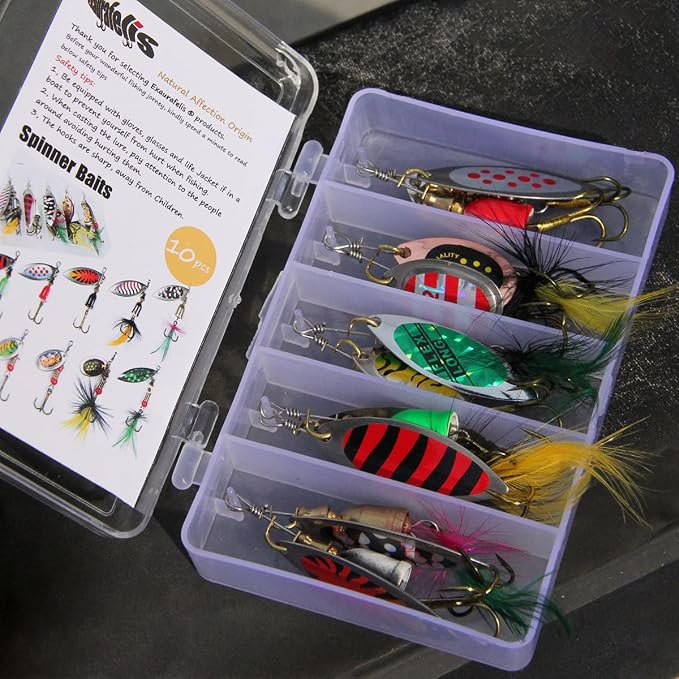 EXAURAFELIS 10/30pcs Fishing Lure Spinnerbait with Feathered Treble Hooks Rooster Tail Fishing Lures Spoon Lures for Bass Salmon Trout Spinner Baits with Tackle Box