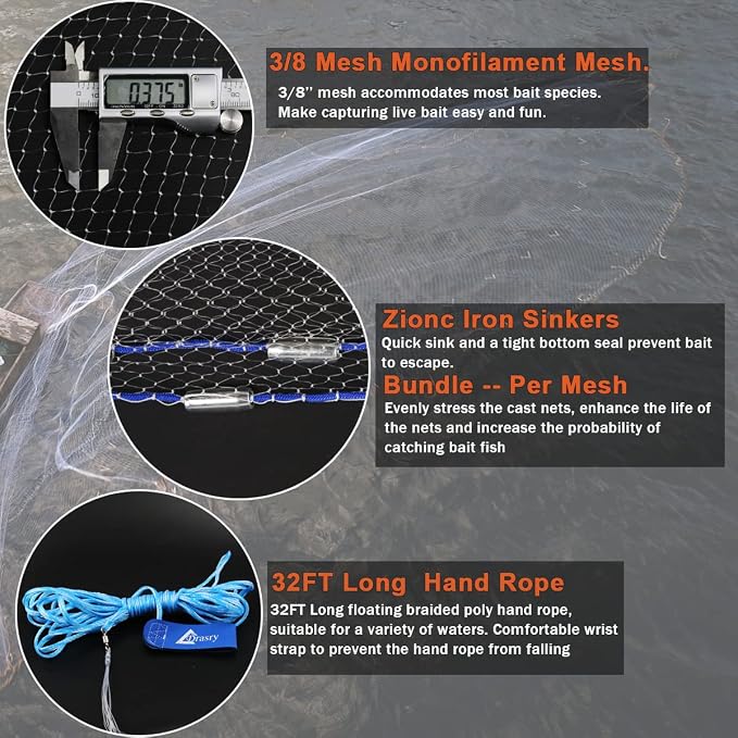 Drasry Saltwater American Fishing Cast Net 3/8inch Mesh Size for Bait Shrimp Trap Fish Heavy Duty Sinkers Throw Net 3FT/4FT/5FT/6FT/7FT/8FT/9FT/10FT Radius