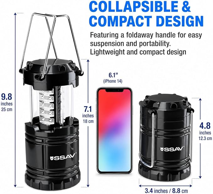 SSAV LED Camping Lantern, Emergency Lanterns for Power Outages & Hurricane Preparedness, Collapsible Portable Survival Lights for Camping, Storms & Emergencies, Batteries Included (8, Black)