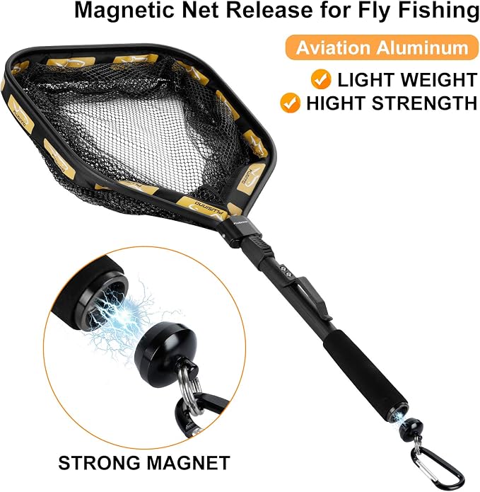 PLUSINNO Floating Fishing Net for Steelhead, Salmon, Fly, Kayak, Catfish, Bass, Trout Fishing, Rubber Coated Foldable Landing Net with Fixed or Telescoping Pole Handle, Fishing Gear and Gifts for Men